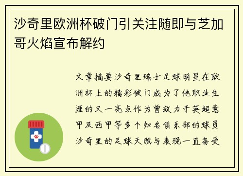 沙奇里欧洲杯破门引关注随即与芝加哥火焰宣布解约