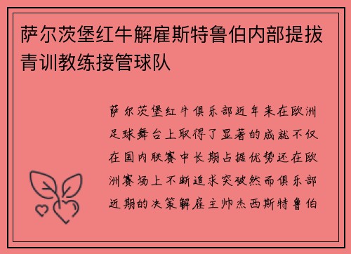 萨尔茨堡红牛解雇斯特鲁伯内部提拔青训教练接管球队 萨尔茨堡红牛解雇斯特鲁伯内部提拔青训教练接管球队